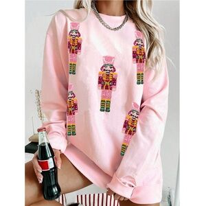 Pink Sweatshirt Sequined Nutcracker Appliqué Christmas Holiday